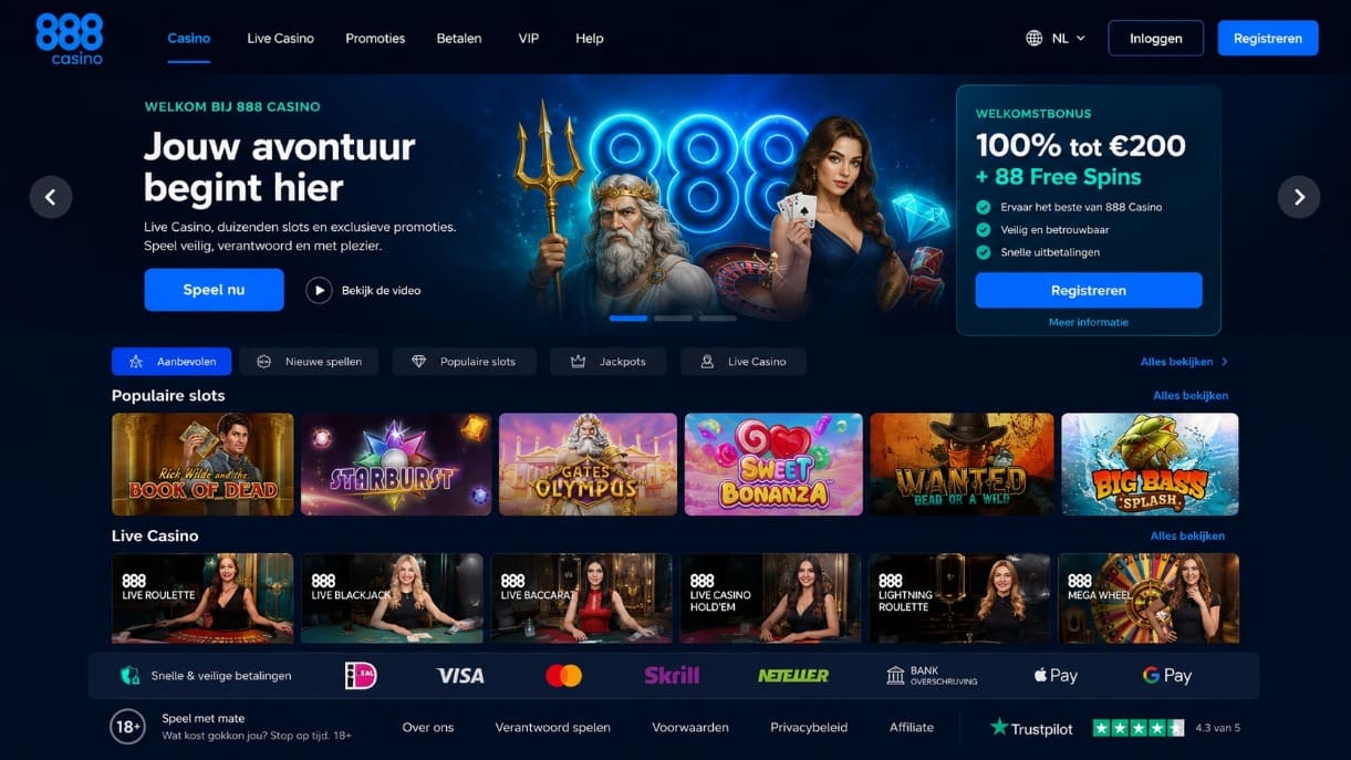 888 Casino Nederland homepage met welkomstbonus, populaire slots, live casino en veilige betaalopties