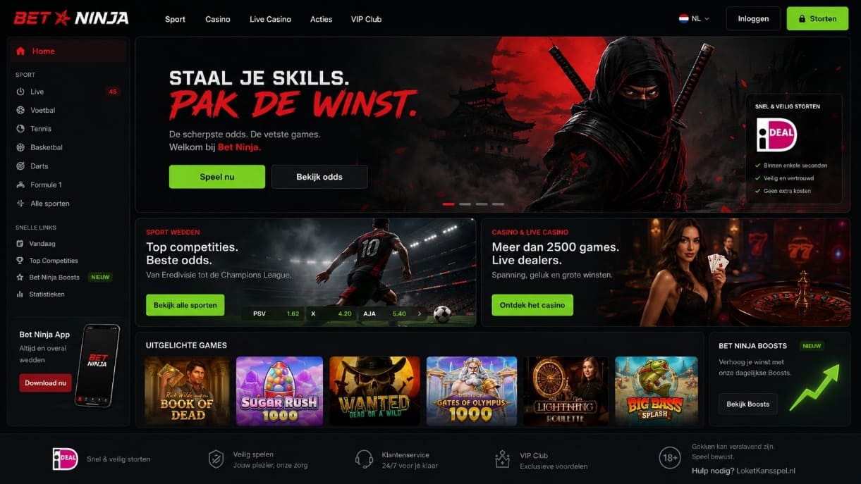 Bet Ninja Nederland homepage met sportweddenschappen, casino games, live casino en snelle stortingen