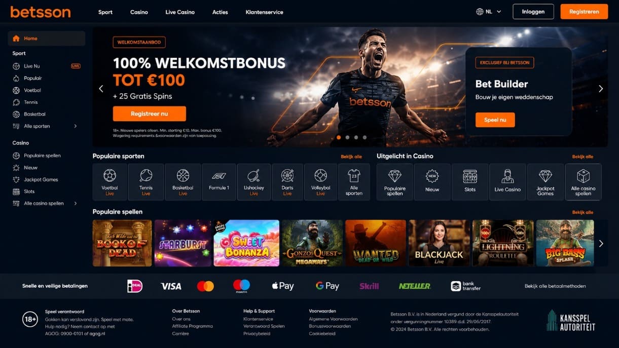 Betsson Casino Nederland homepage met sportweddenschappen, welkomstbonus, casino games en betaalmethoden