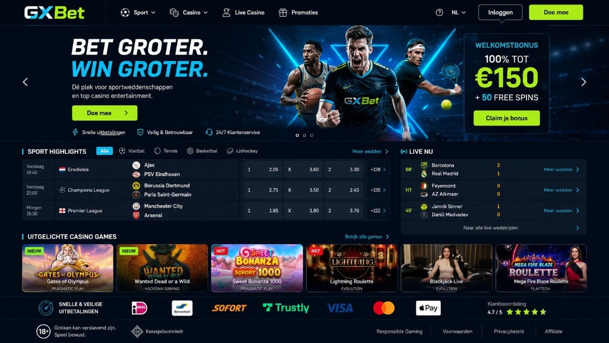 GXBet Nederland homepage met sport betting, casino games, live scores, bonus en betaalmethoden