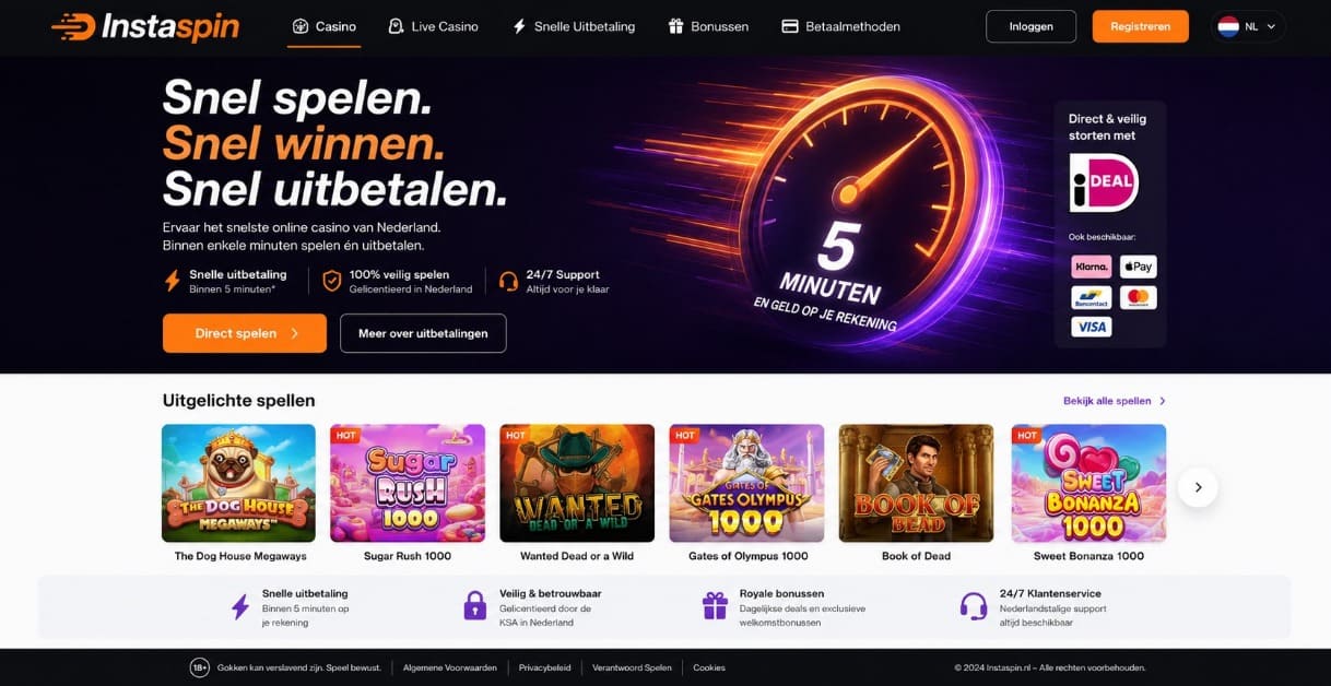 Instaspin Casino Nederland homepage met snelle uitbetaling, uitgelichte spellen en veilige stortingen