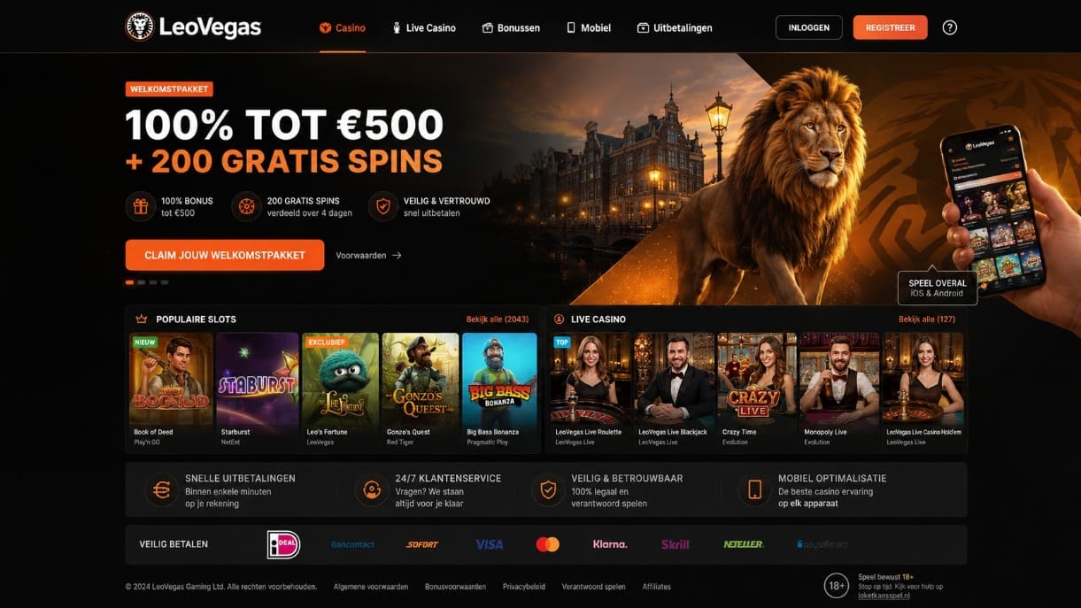 LeoVegas Casino Nederland homepage met welkomstpakket, mobiele casino app, slots en live casino
