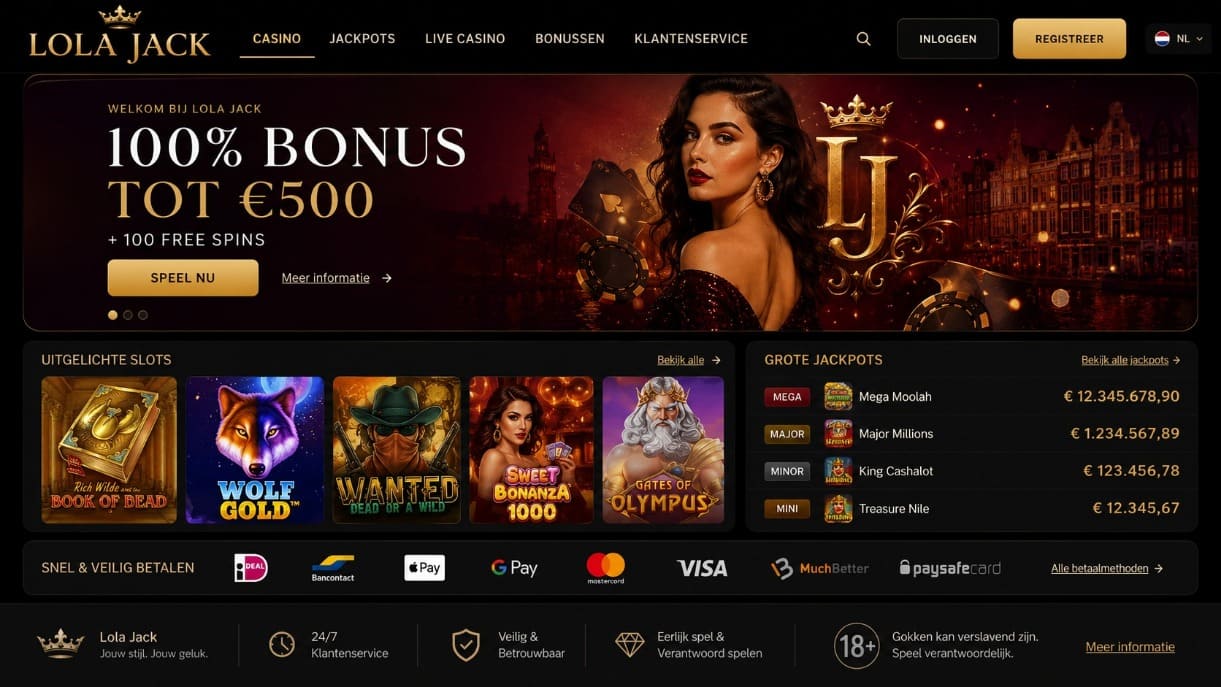 Lola Jack Casino homepage voor Nederland met bonus, jackpots, slots en veilige betaalmethoden