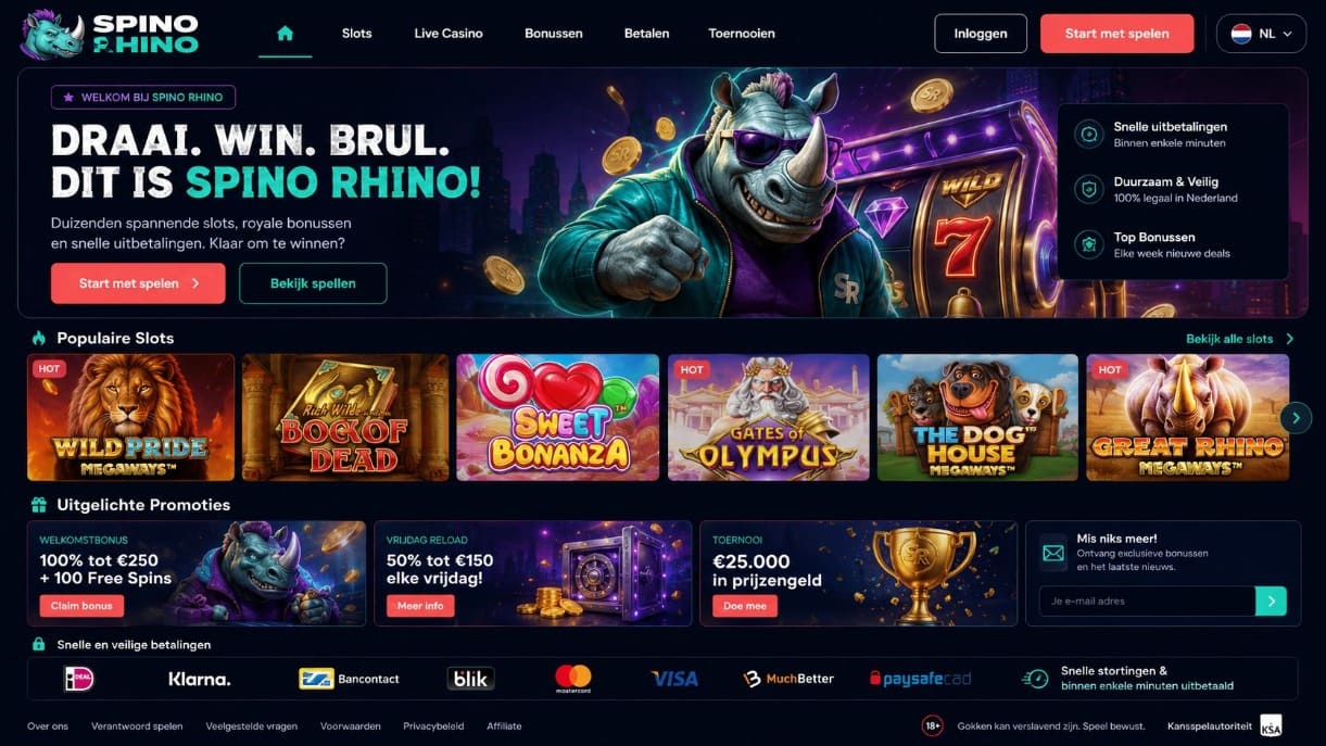 Spino Rhino Casino homepage met populaire slots, bonussen, promoties en snelle betalingen in Nederland