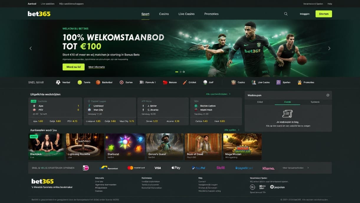 bet365 Nederland homepage met sportweddenschappen, casino spellen, live wedstrijden en betaalopties