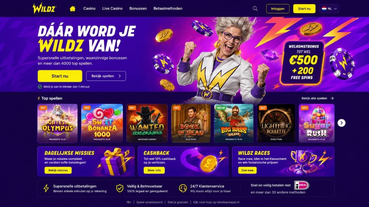 Wildz Casino Nederland homepage met welkomstbonus, top slots, snelle uitbetalingen en veilige betalingen